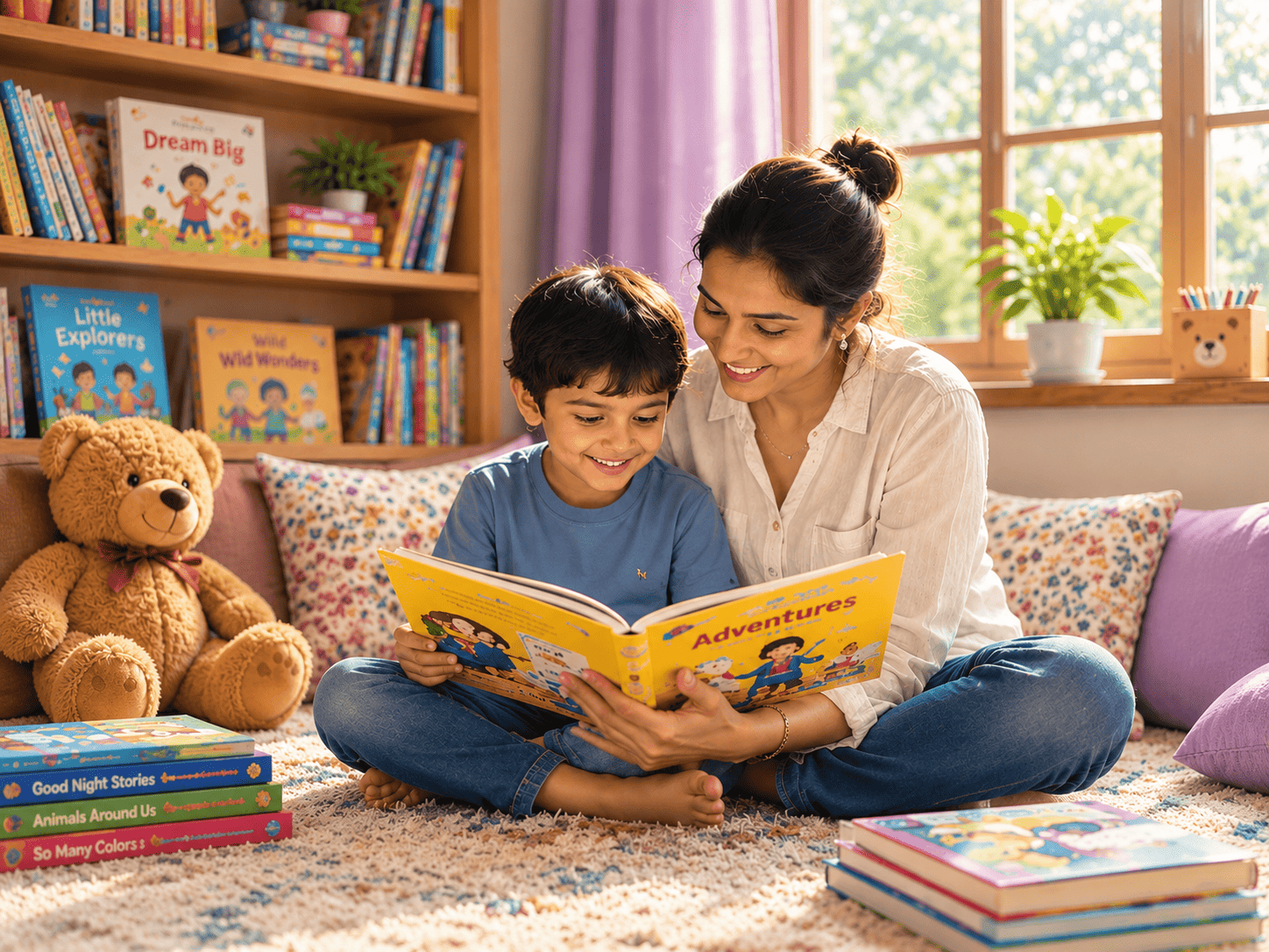 Parent and child reading an illustrated children's storybook together